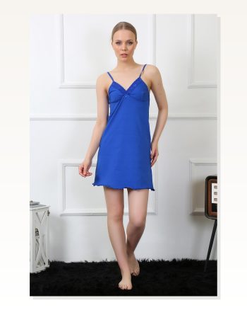 Moda Çizgi Women's Rope Strap Sax Combed Cotton Nightgown 367