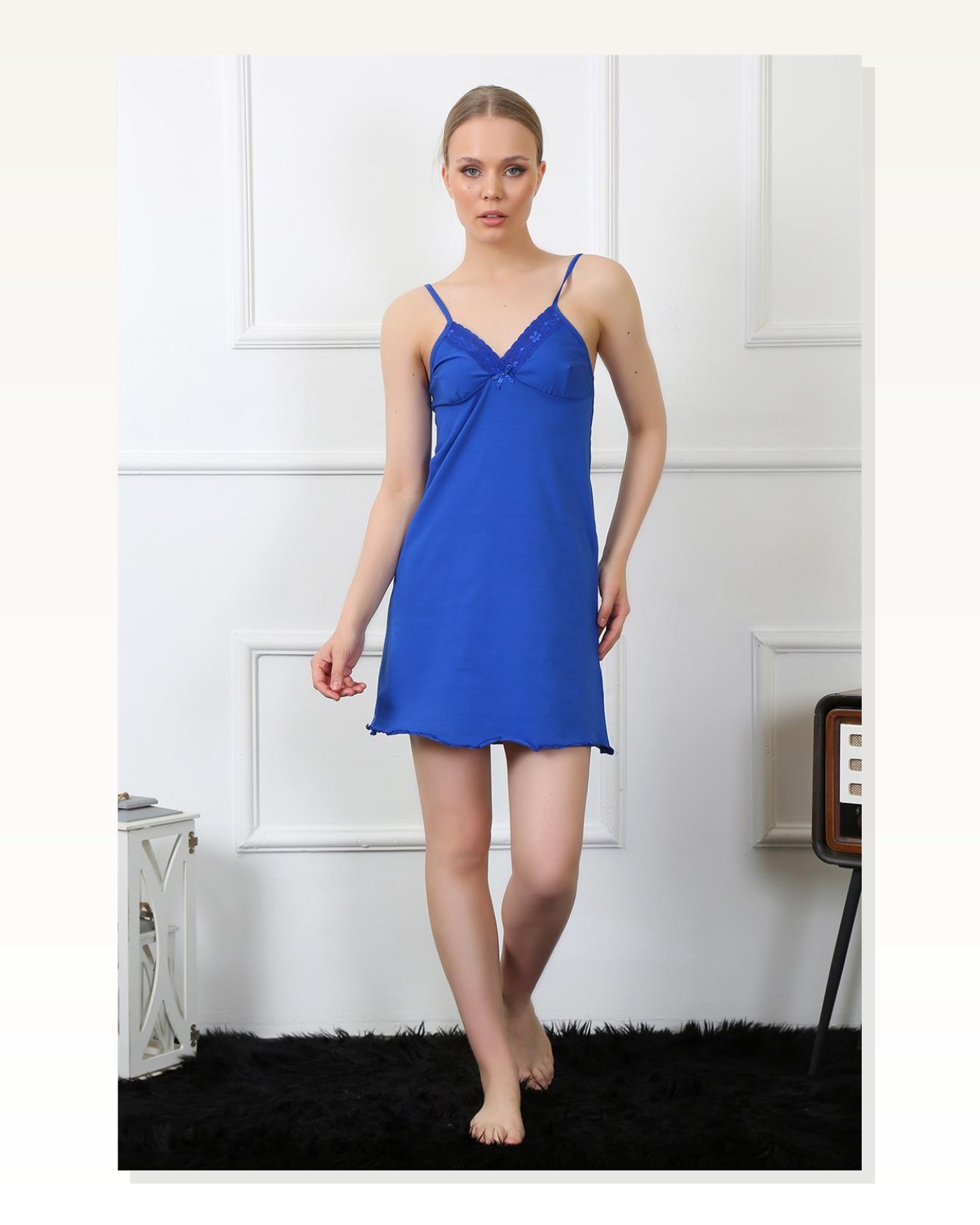 Moda Çizgi Women's Rope Strap Sax Combed Cotton Nightgown 367 Marketplace blank