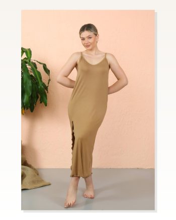 Moda Çizgi Women's Rope Strap Slit Long Milk Coffee Nightgown 90119