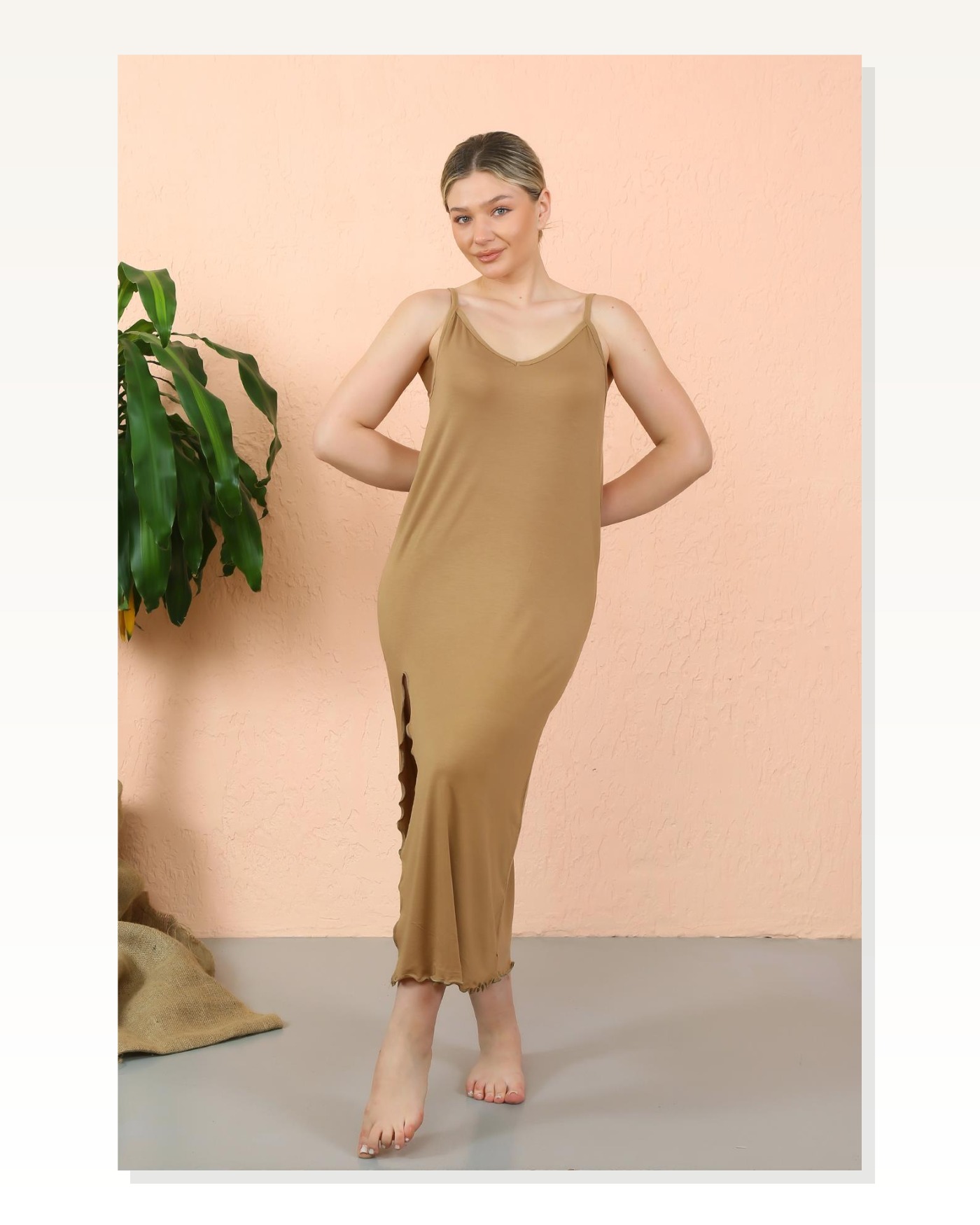 Moda Çizgi Women's Rope Strap Slit Long Milk Coffee Nightgown 90119 Marketplace blank