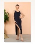 Moda Çizgi Women's Rope Strap Slit Long Navy Blue Nightgown 90119