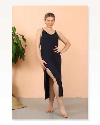 Moda Çizgi Women's Rope Strap Slit Long Navy Blue Nightgown 90119