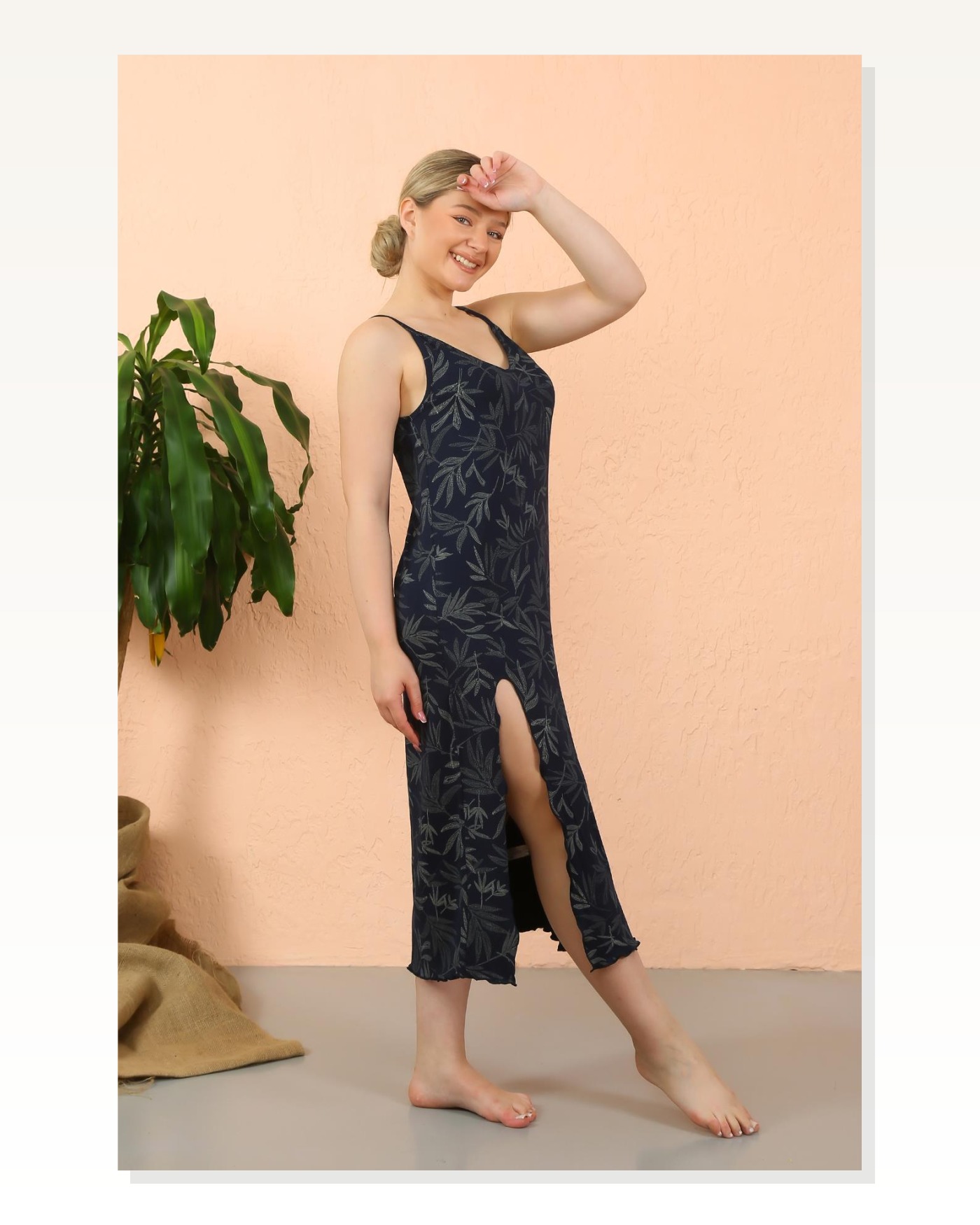 Moda Çizgi Women's Rope Strap Slit Long Navy Blue Nightgown 90121 Marketplace blank
