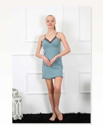 Moda Çizgi Women's Rope Strap Water Green Combed Cotton Nightgown 367