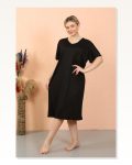 Moda Çizgi Women's Short Sleeve Below Knee Over Size Black Home Dress - Nightgown 93410