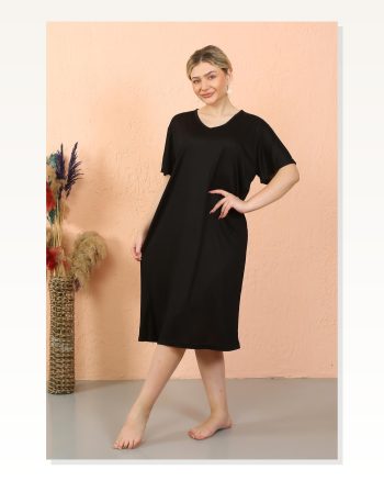 Moda Çizgi Women's Short Sleeve Below Knee Over Size Black Home Dress - Nightgown 93410