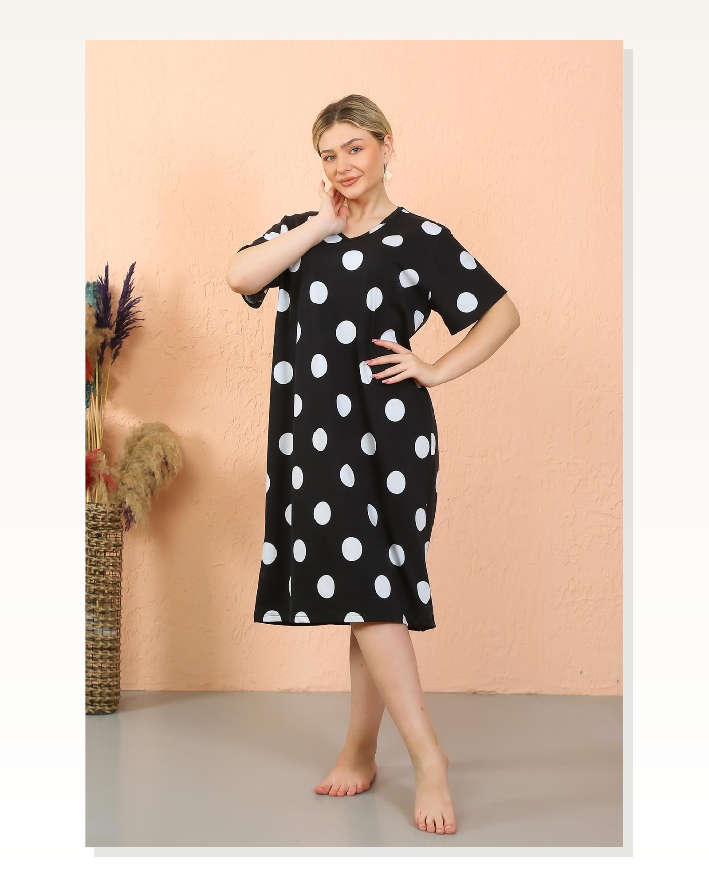 Moda Çizgi Women's Short Sleeve Below Knee Over Size Home Dress - Nightgown 93411 Marketplace blank