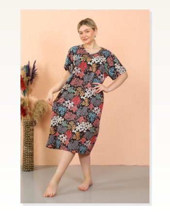 Moda Çizgi Women's Short Sleeve Below Knee Over Size Home Dress - Nightgown 93412