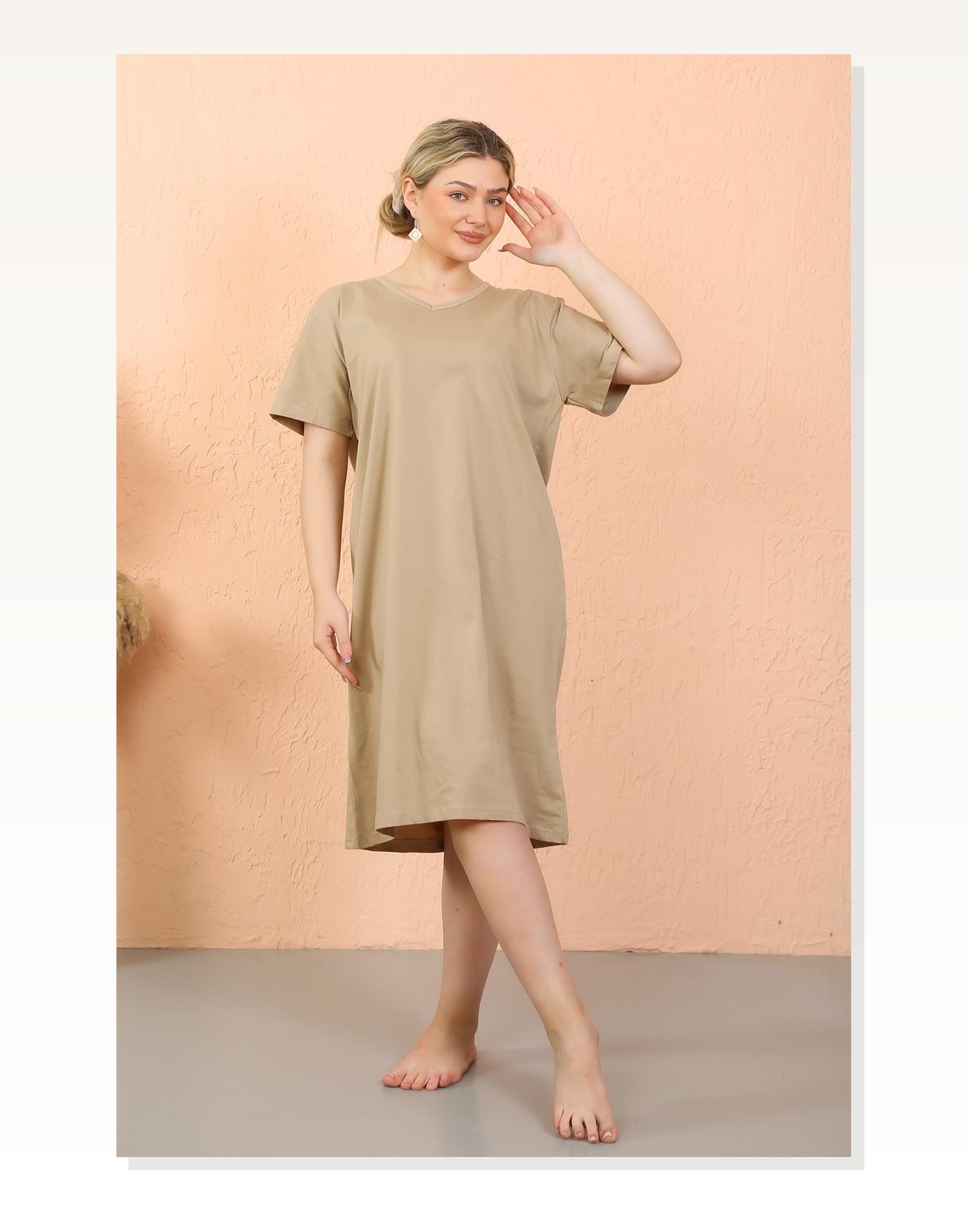 Moda Çizgi Women's Short Sleeve Below Knee Over Size Mink Home Dress - Nightgown 93410 Marketplace blank