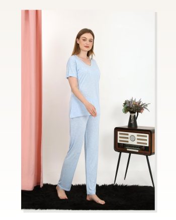 Moda Çizgi Women's Short Sleeve Cotton Combed Pajama Set Blue 4213