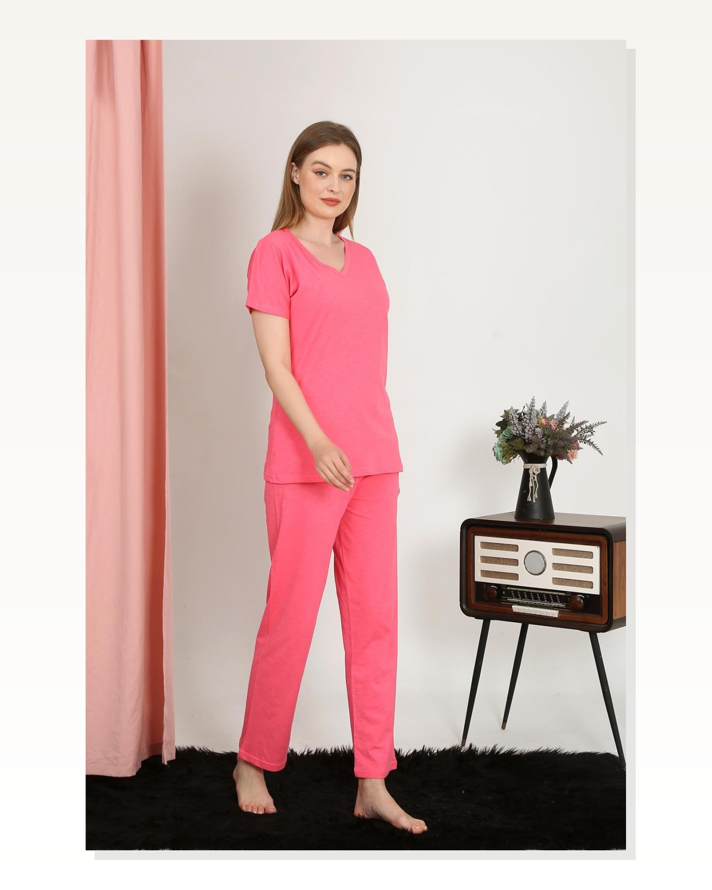 Moda Çizgi Women's Short Sleeve Cotton Combed Pajama Set Fuchsia 4213 Marketplace blank