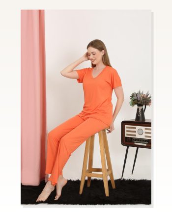 Moda Çizgi Women's Short Sleeve Cotton Combed Pajama Set Orange 4213