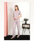 Moda Çizgi Women's Short Sleeve Cotton Combed Pajama Set Powder 4213