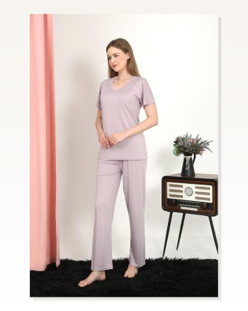 Moda Çizgi Women's Short Sleeve Cotton Combed Pajama Set Powder 4213
