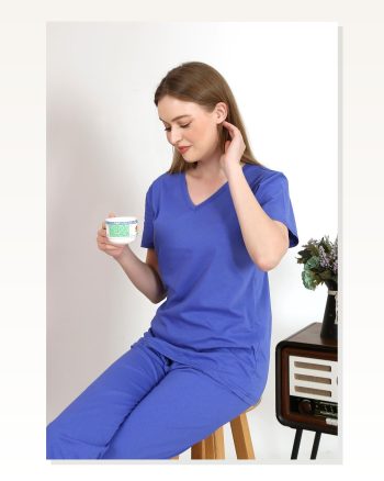 Moda Çizgi Women's Short Sleeve Cotton Combed Pajama Set Saks 4213