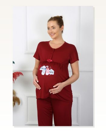 Moda Çizgi Women’s Short Sleeve Maternity Pajama Set Claret Red 45210
