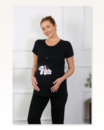 Moda Çizgi Women's Short Sleeve Pregnant Maternity Pajama Set Black 45210