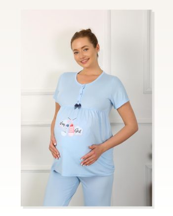 Moda Çizgi Women's Short Sleeve Pregnant Maternity Pajama Set Blue 45210