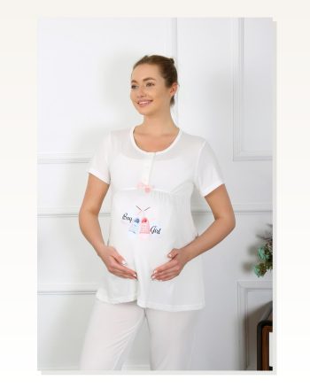 Moda Çizgi Women's Short Sleeve Pregnant Maternity Pajama Set Ecru 45210