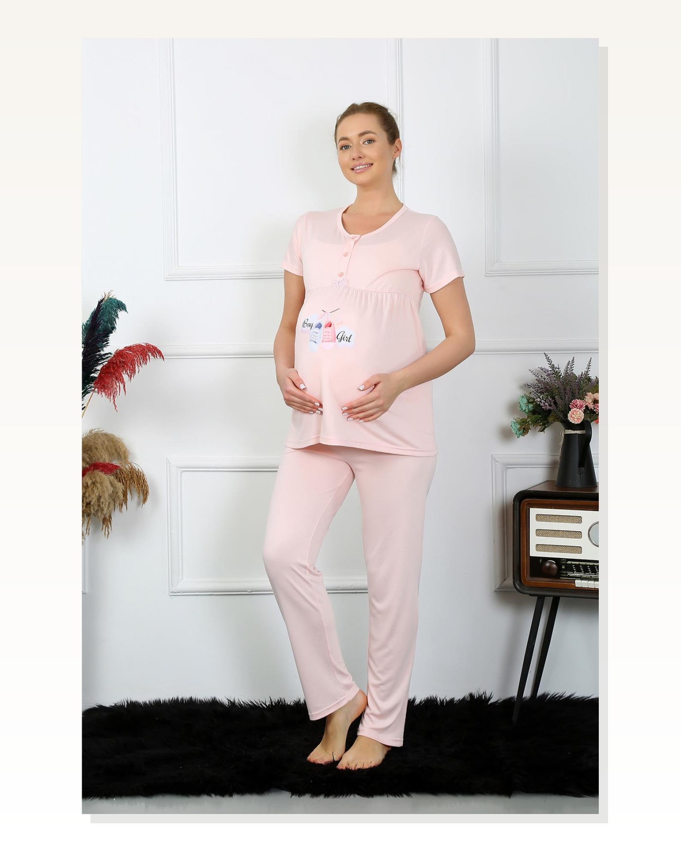 Moda Çizgi Women's Short Sleeve Pregnant Maternity Pajama Set Powder 45210 Marketplace blank