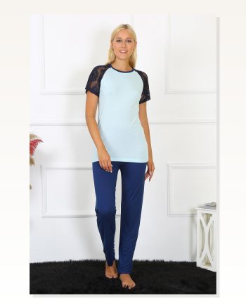 Moda Çizgi Women's Sleeve Lace Combed Cotton Pajama Set 4148