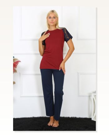 Moda Çizgi Women's Sleeve Lace Combed Cotton Pajama Set 4149