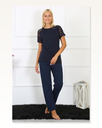Moda Çizgi Women's Sleeve Lace Combed Cotton Pajama Set 4150