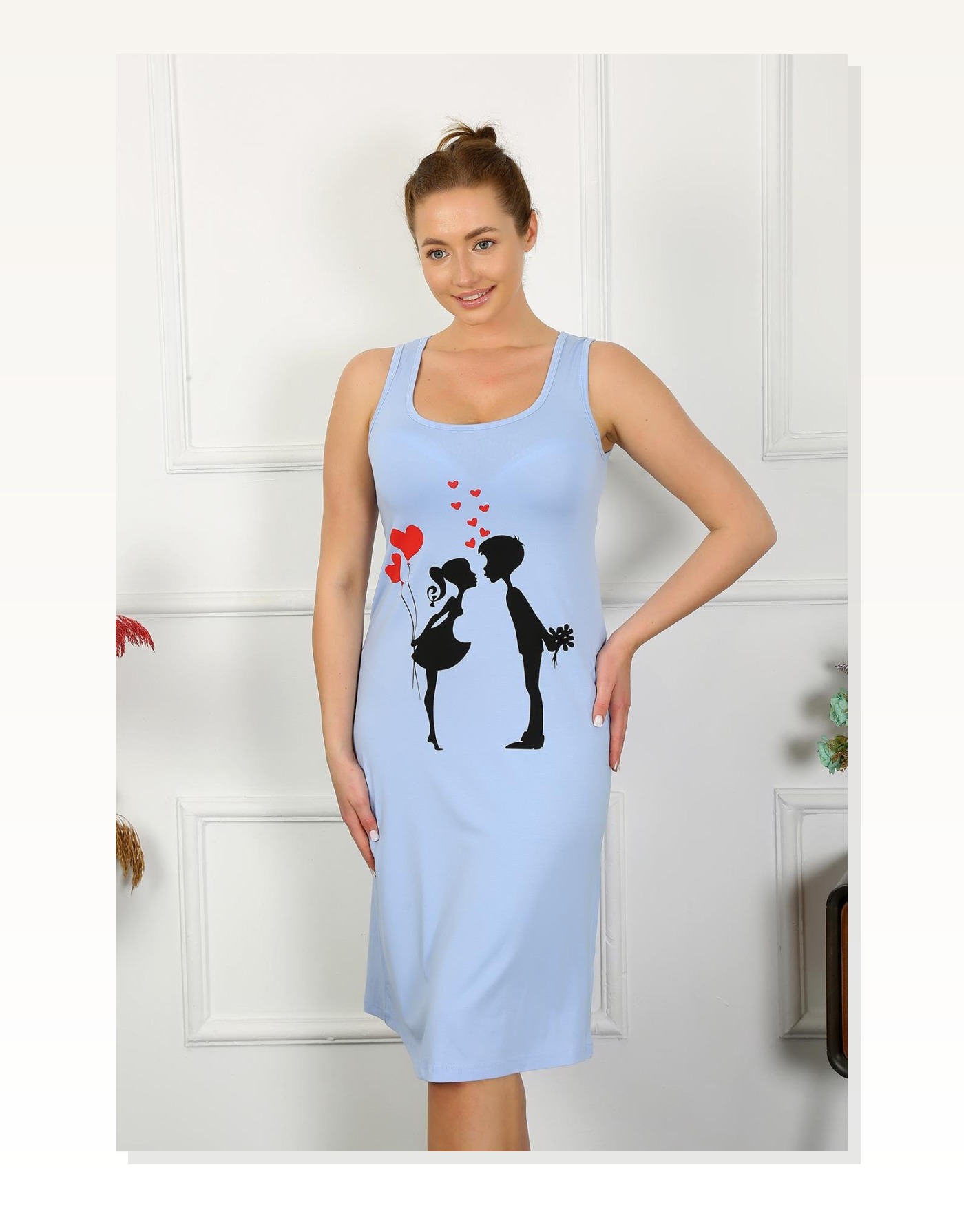 Moda Çizgi Women's Thick Strap Combed Cotton Long Blue Nightgown 12001 Marketplace blank