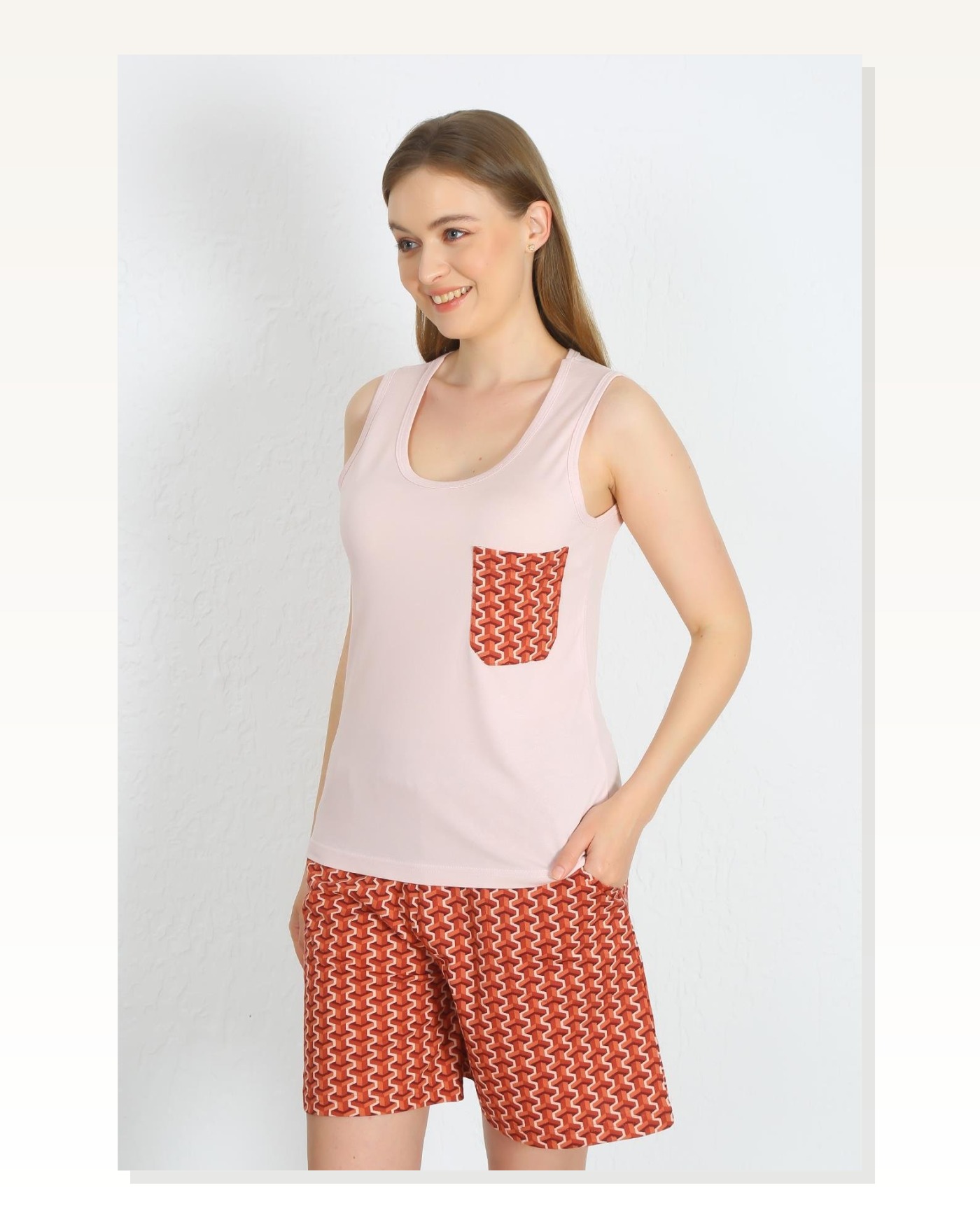 Moda Çizgi Women's Thick Strap Pocket Shorts Suit Powder 3617 Marketplace blank
