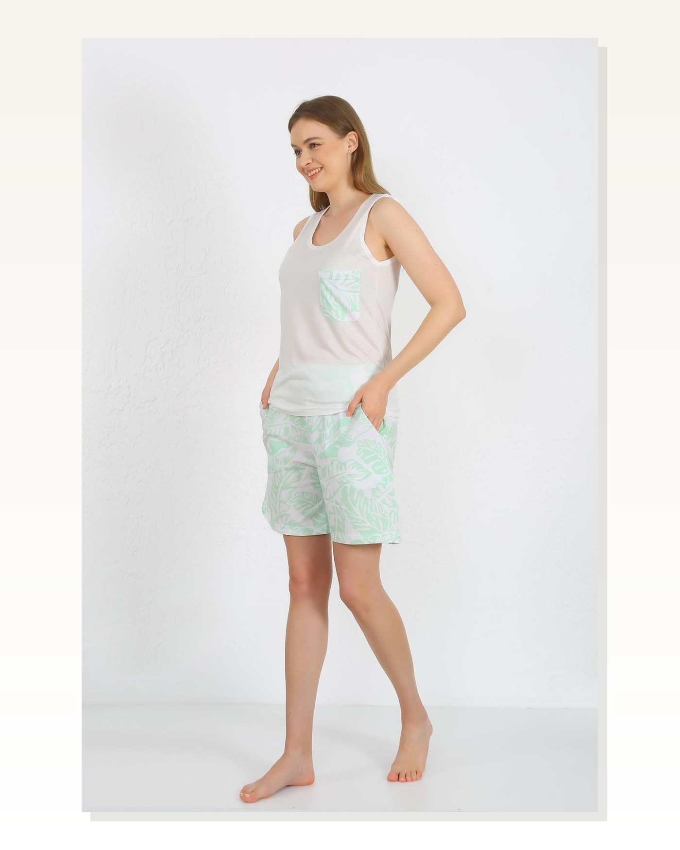 Moda Çizgi Women's Thick Strap Pocket Shorts Suit White 3617 Marketplace blank