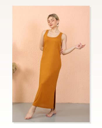 Moda Çizgi Women's Thick Strap Slit Long Mustard Nightgown 90110