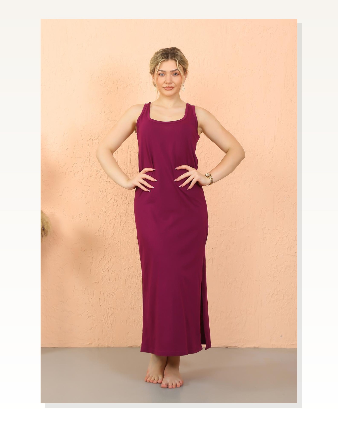 Moda Çizgi Women's Thick Strap Slit Long Purple Nightgown 90110 Marketplace blank