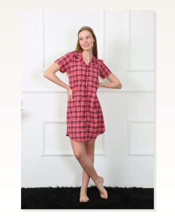 Moda Çizgi Women's Woven Fabric Front Buttoned Red Tunic Nightgown 1030