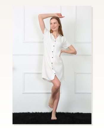 Moda Çizgi Women's Woven Fabric Front Buttoned White Tunic Nightgown 1031