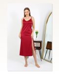 Moda Çizgi Yırtmaçlı Uzun Saten Gecelik Bordo 7410