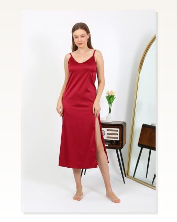 Moda Çizgi Yırtmaçlı Uzun Saten Gecelik Bordo 7410
