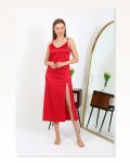Moda Çizgi Yırtmaçlı Uzun Saten Gecelik Kırmızı 7410 Marketplace