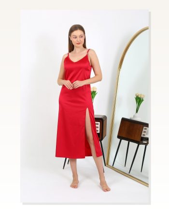 Moda Çizgi Yırtmaçlı Uzun Saten Gecelik Kırmızı 7410