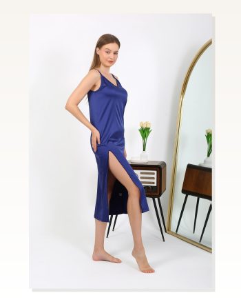 Moda Çizgi Yırtmaçlı Uzun Saten Gecelik Lacivert 7410