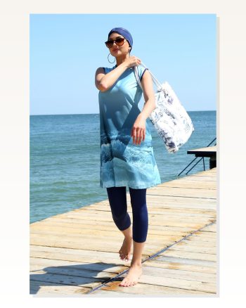 Moda Çizgi Zero Sleeve Patterned Half Hijab Swimsuit 33009
