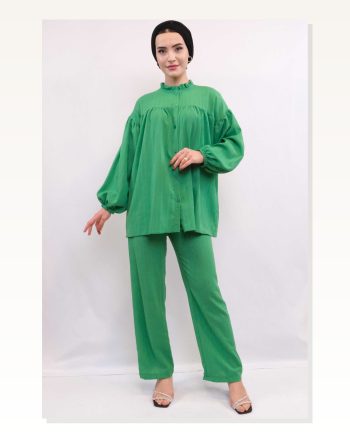 Moda Çizgid Robe Double Suit Green