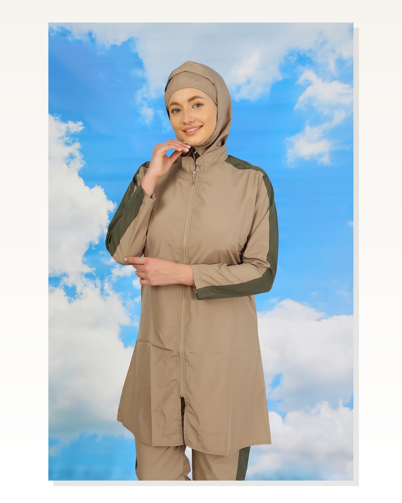 Moda Stripe Women's Full Hijab Swimsuit with Trousers and Stripes Beige 31065 Marketplace blank