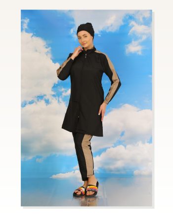 Moda Stripe Women’s Full Hijab Swimsuit With Trousers And Stripes Black 31065