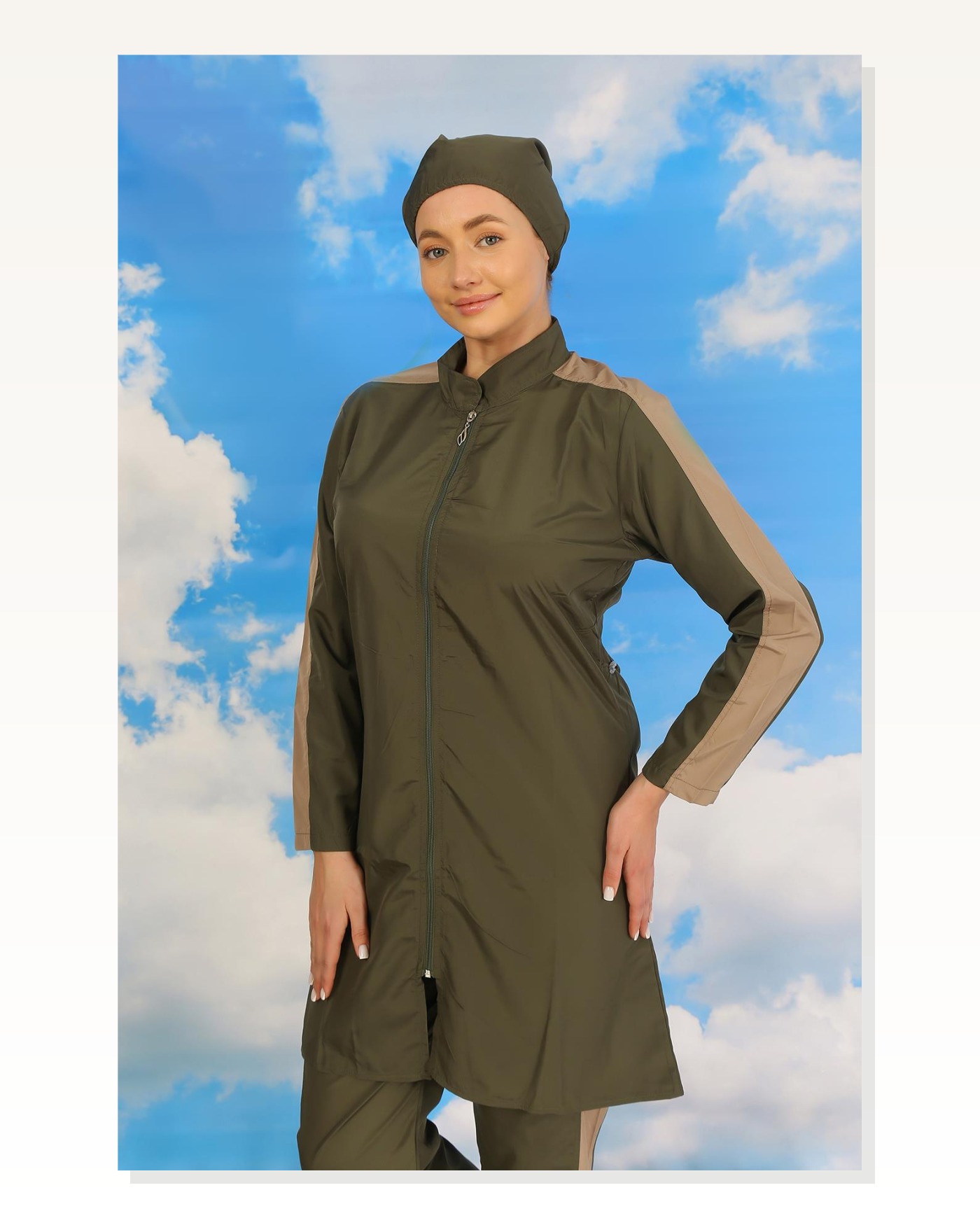 Moda Stripe Women's Full Hijab Swimsuit with Trousers and Stripes Khaki 31065 Marketplace blank