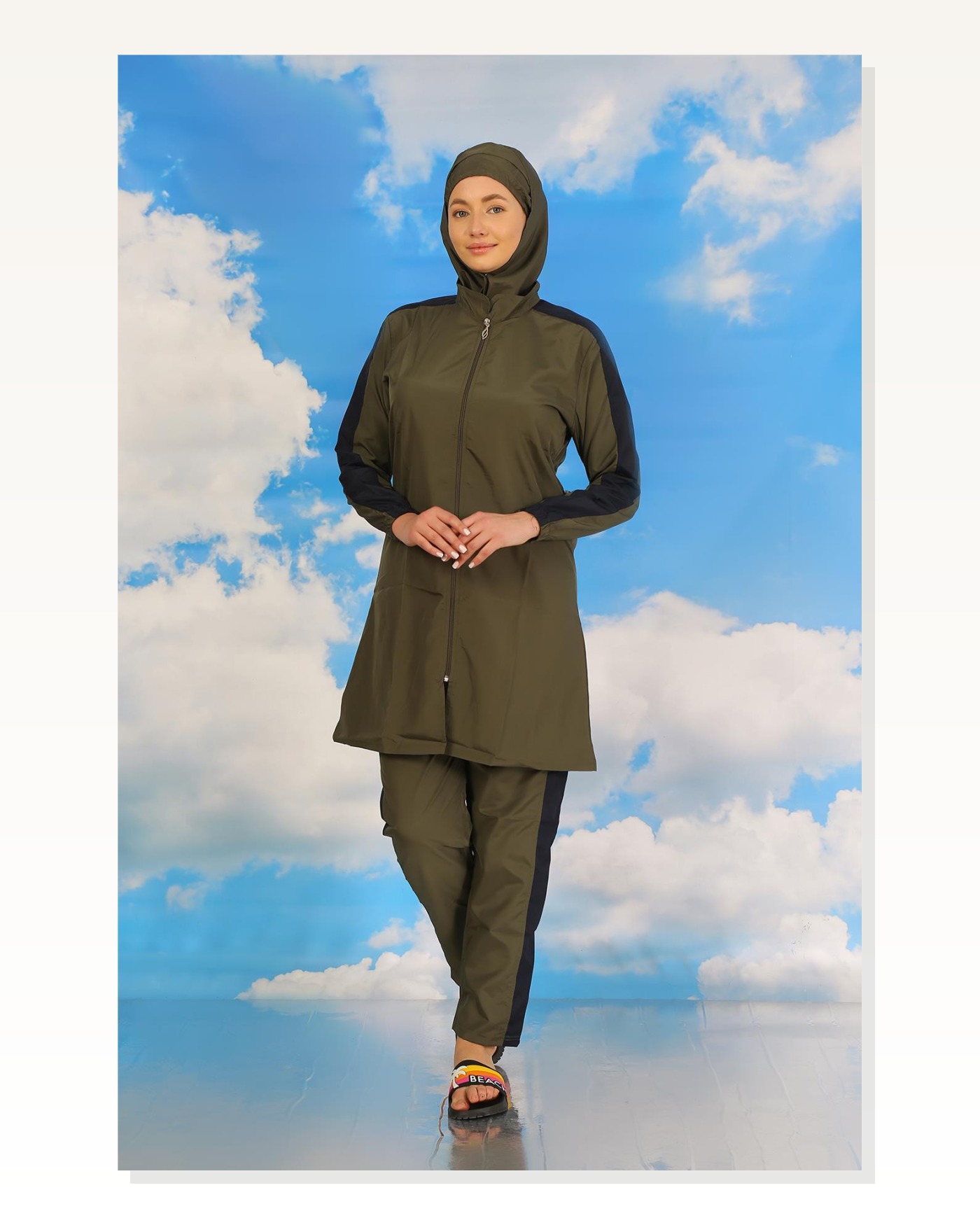 Moda Stripe Women's Full Hijab Swimsuit with Trousers and Stripes Khaki 31066 Marketplace blank