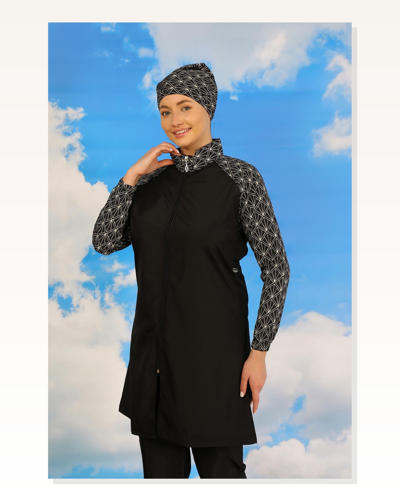 Moda Stripe Women's Patterned Full Hijab Swimsuit with Trousers Black 31072 Marketplace blank
