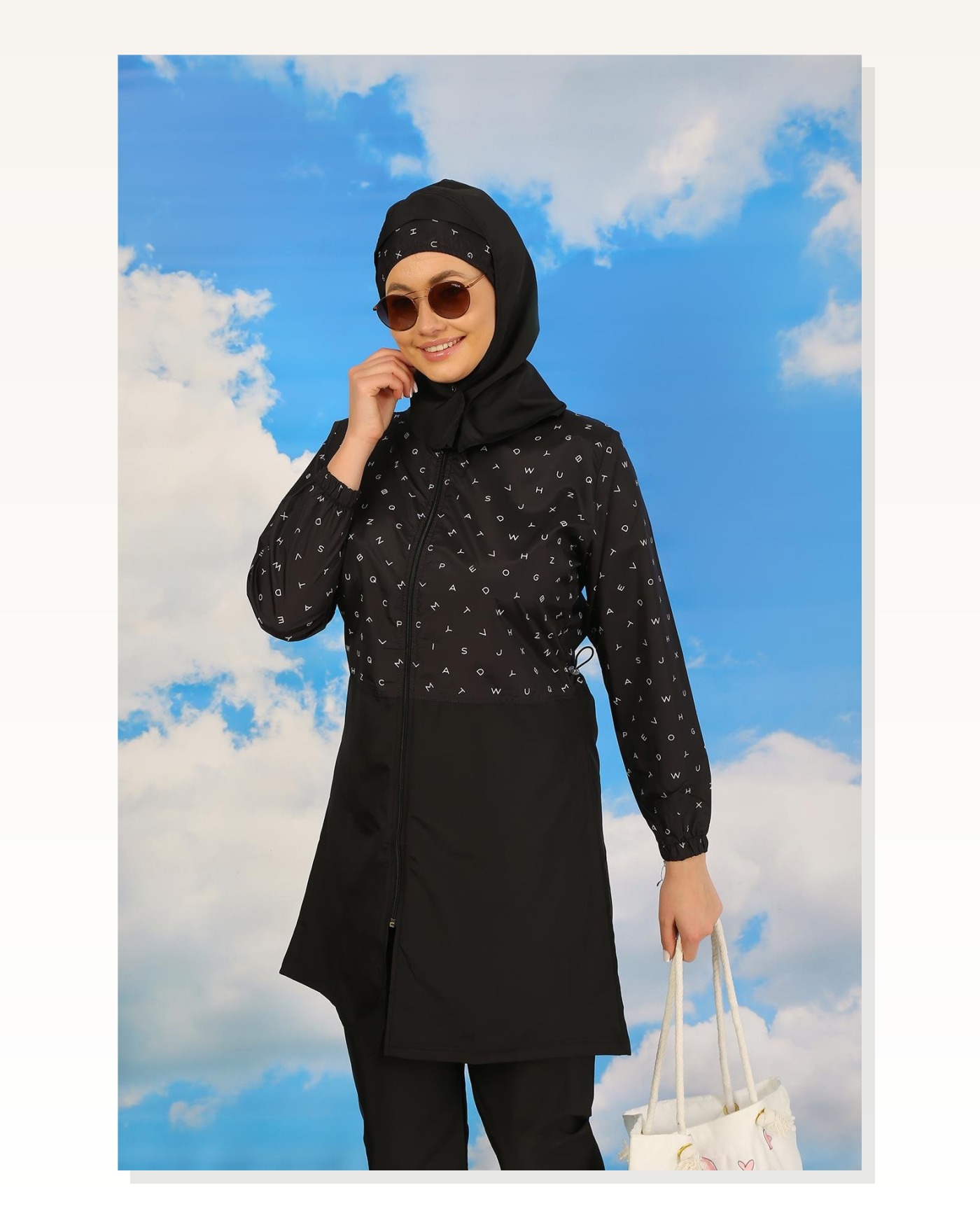 Moda Stripe Women's Patterned Full Hijab Swimsuit with Trousers Black 31074 Marketplace blank