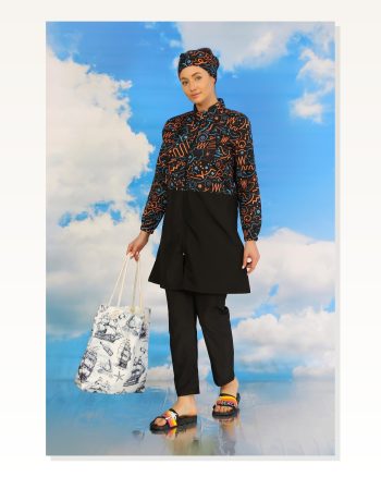 Moda Stripe Women’s Patterned Full Hijab Swimsuit With Trousers Black 31075