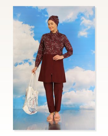 Moda Stripe Women’s Patterned Full Hijab Swimsuit With Trousers Claret Red 31075