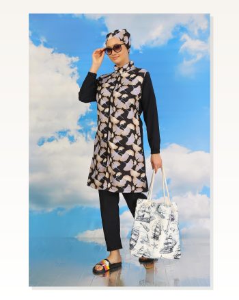 Moda Stripe Women’s Patterned Full Hijab Swimsuit With Trousers Navy Blue 31070